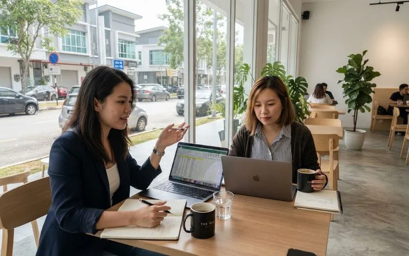 Two people in business attire having a meeting over coffee at a quiet cafe table with laptops nearby