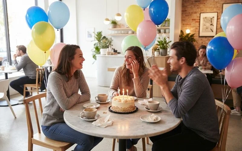 A decorated cafe table set for a small birthday celebration with cake and drinks, natural daylight through a window