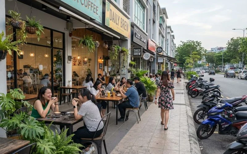 A group walking between cafes along a row of shoplots on a sunny afternoon in Petaling Jaya