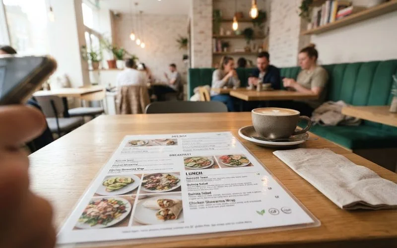 A cafe menu board with clearly marked dietary icons next to some dishes, viewed from a customer's table