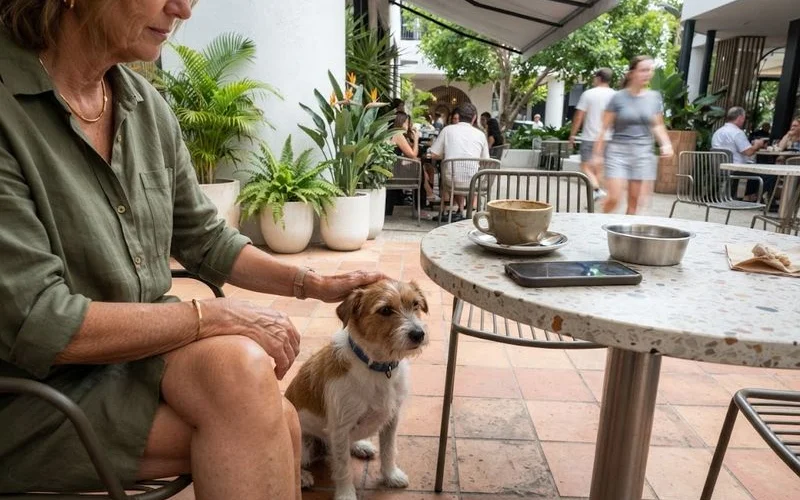 A small dog sitting calmly beside a cafe table on an outdoor patio with its owner's coffee cup visible