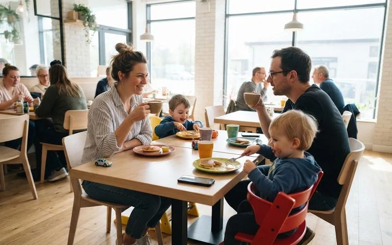 A family with young children seated at a spacious cafe table during a relaxed weekend brunch