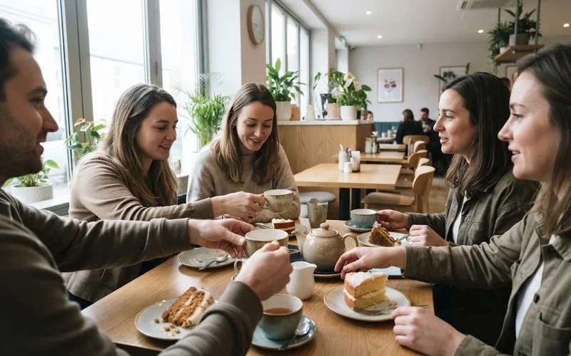 A group of friends sharing coffee and pastries at a wooden table in a bright Petaling Jaya cafe