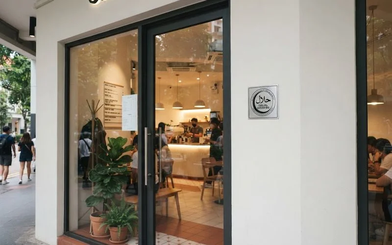 A cafe storefront in Petaling Jaya with a halal certification signage displayed near the entrance