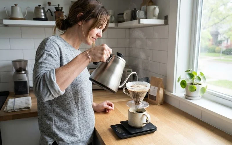 Pour-over coffee being brewed at home with a kettle and glass carafe on a kitchen counter