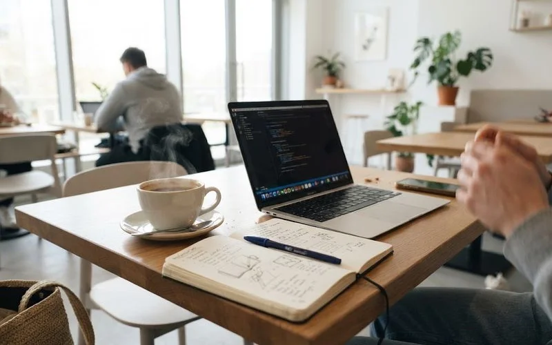 A laptop, notebook, and coffee cup arranged on a wooden table near a window with soft daylight in a quiet cafe
