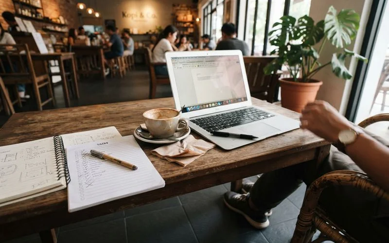 A busy Petaling Jaya cafe interior during weekend brunch hours with customers working on laptops and others queuing near the counter