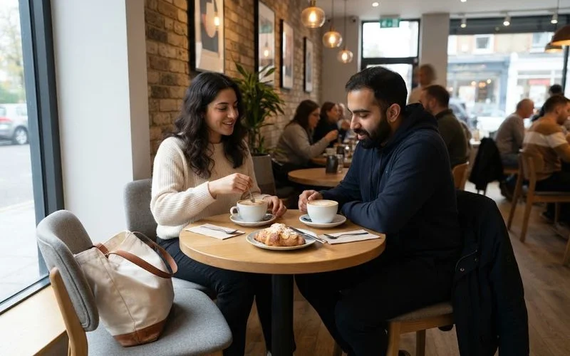 A quiet corner table at a cafe with two coffee cups and soft natural light, set up for a relaxed conversation