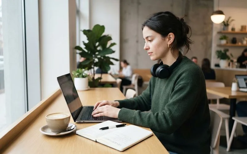 A remote worker with a laptop, headphones, and coffee set up at a cafe table near a power outlet