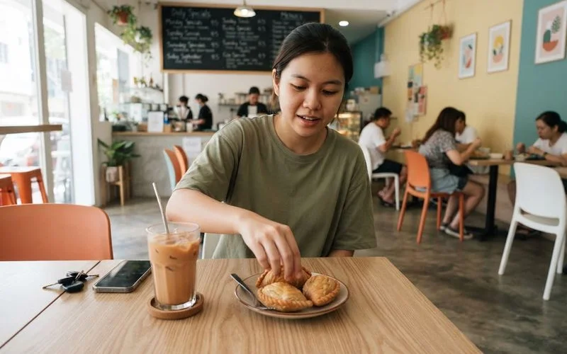 A simple cup of tea and a light snack on a wooden table at a traditional tea house cafe
