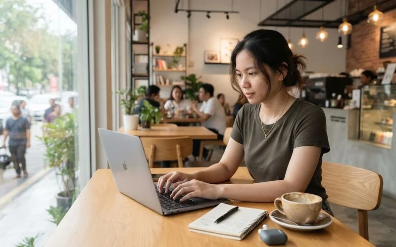 A person working on a laptop with coffee and notes spread across a wooden cafe table near a window